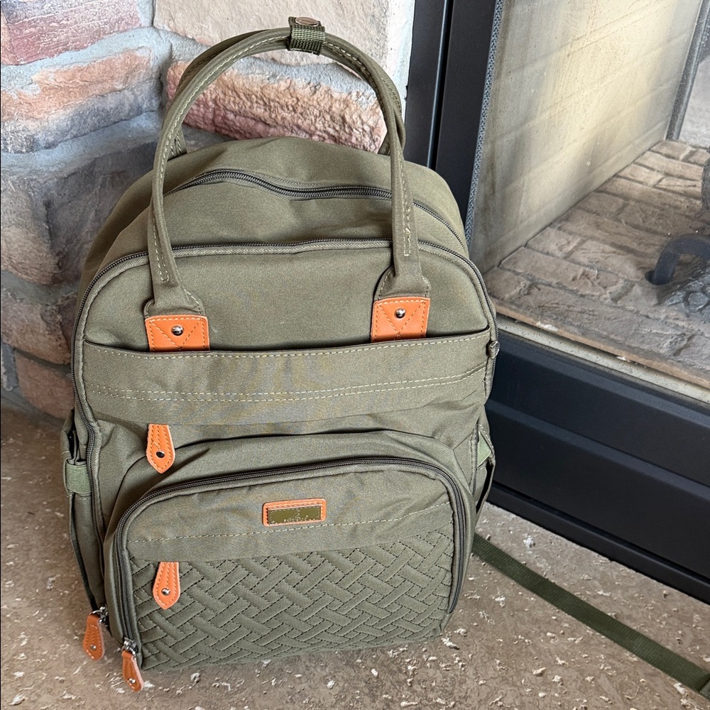NWOT Olive Backpack with Brown Accent with handles & many Compartments